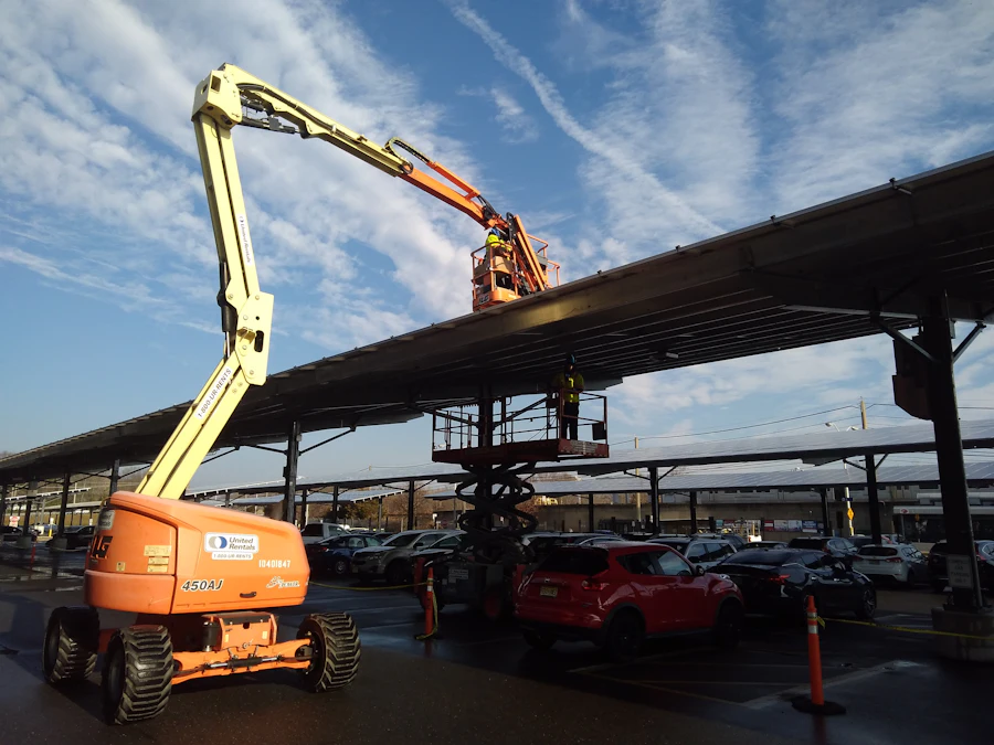 Boom lift working under a canopy