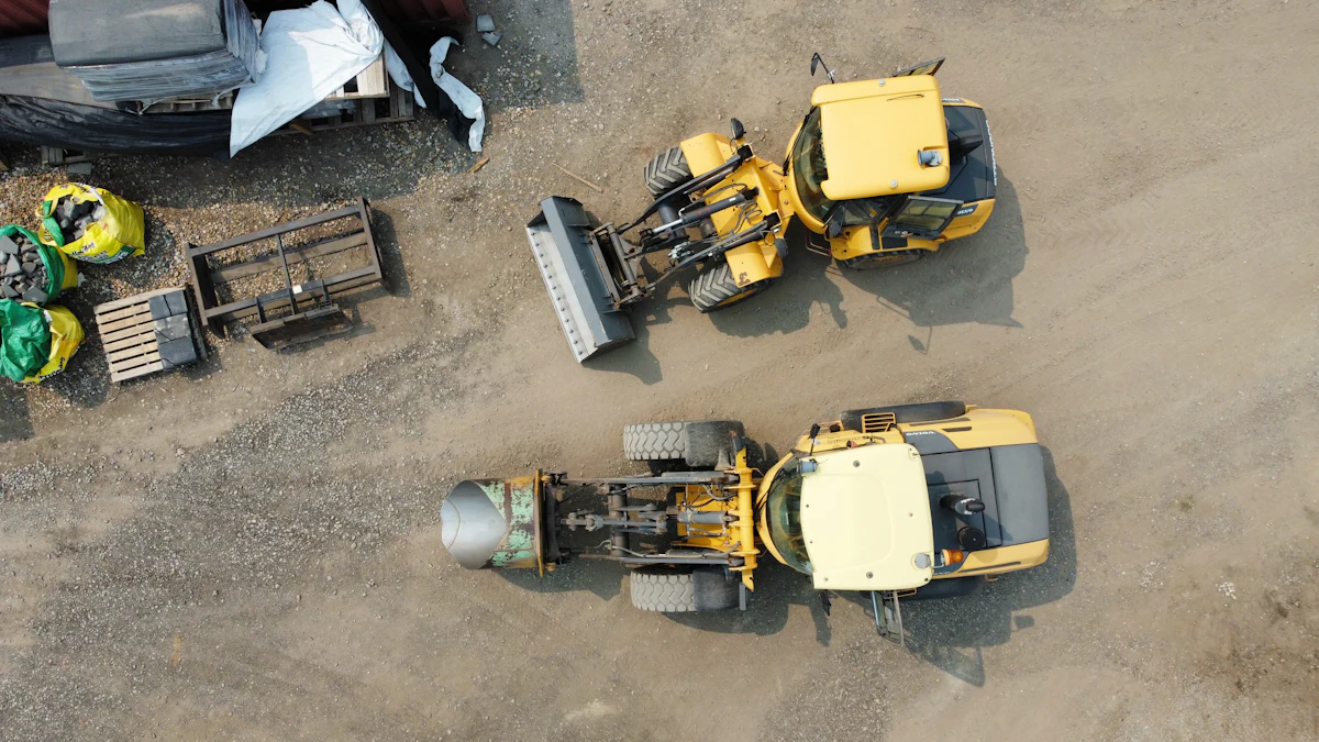 Aerial view of construction machines parked in a yard