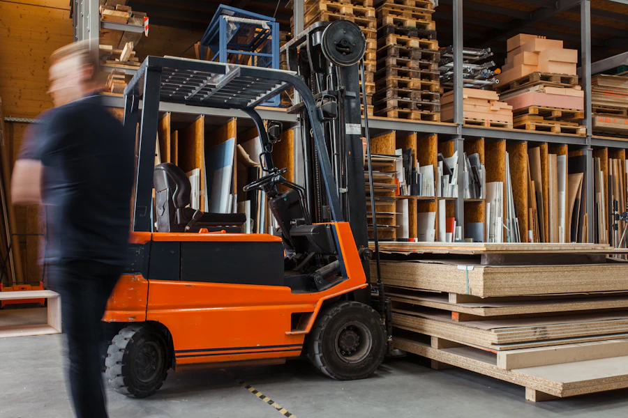 Orange forklift in a warehouse