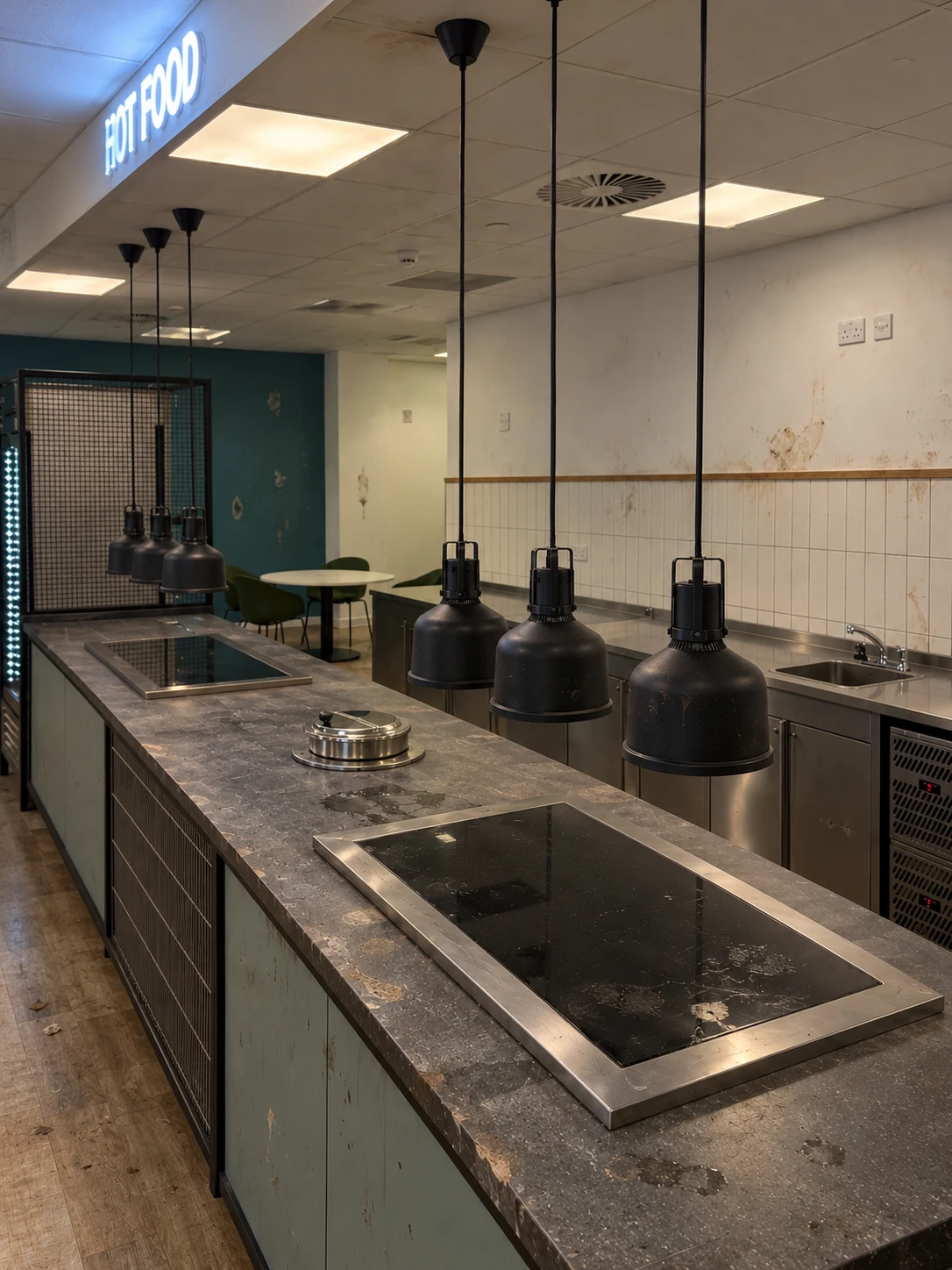 Same commercial kitchen at move-out with stained walls, damaged plaster, stained counters and hob, and scratched cabinet doors