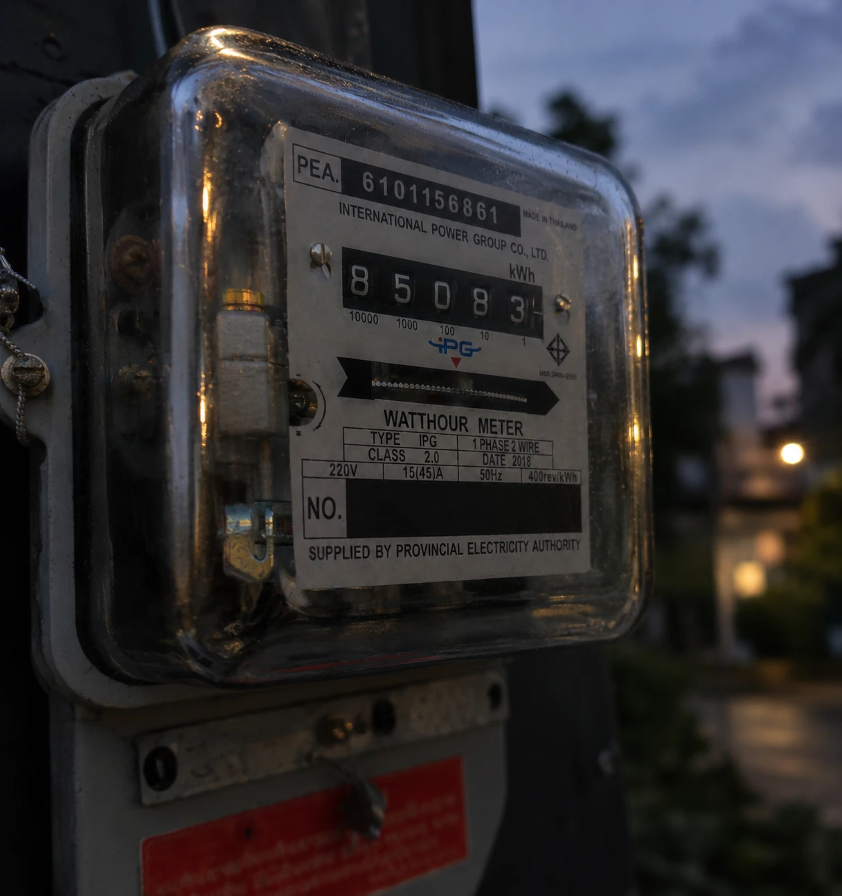 Same electricity meter at move-out, photographed at dusk, showing 85083 kWh