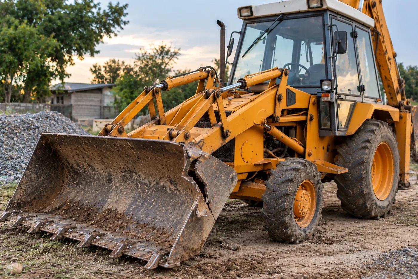 Backhoe bucket corner at check-in, torn open